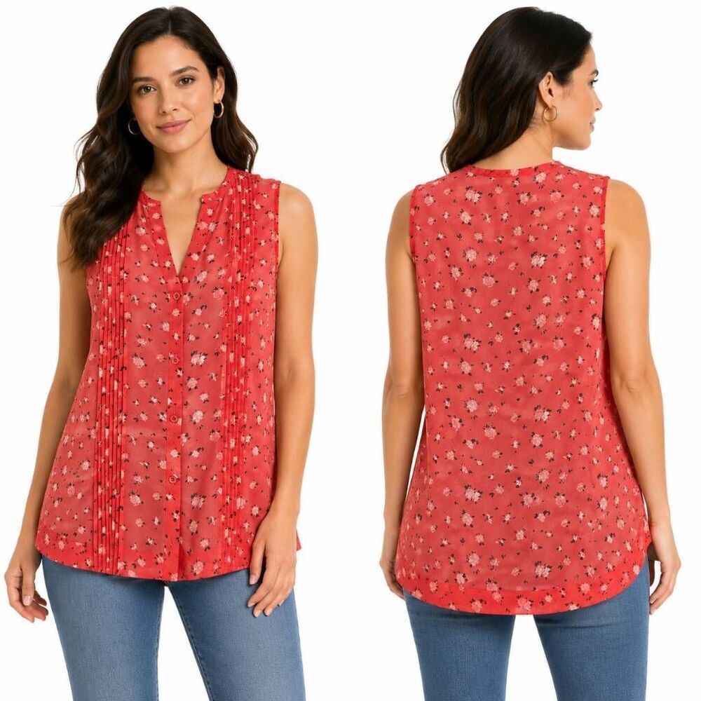 Cabi Floral Sleeveless Pintuck Blouse XS Coral Pink